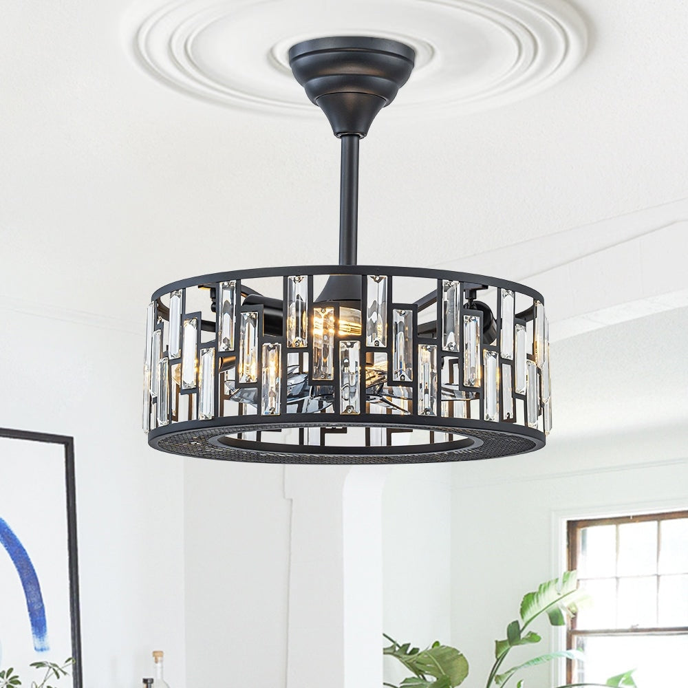4 Light Hollow Out Crystal Drum Semi Flush Mount Ceiling Fan 18.1 In