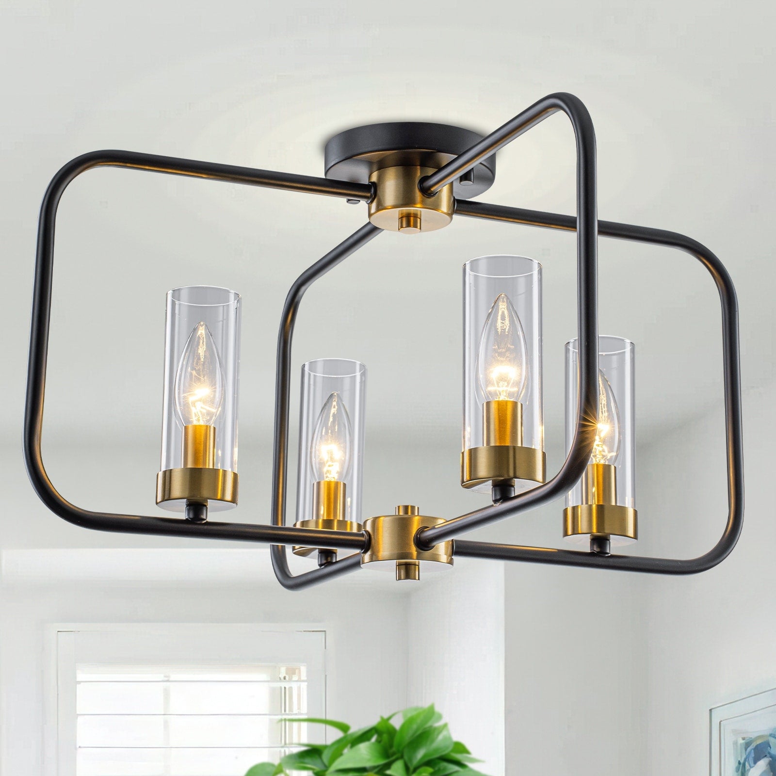 4 Light Industrial Black Metal Flush Mount Ceiling Light With Glass Tube Shade Dia.20.28 In