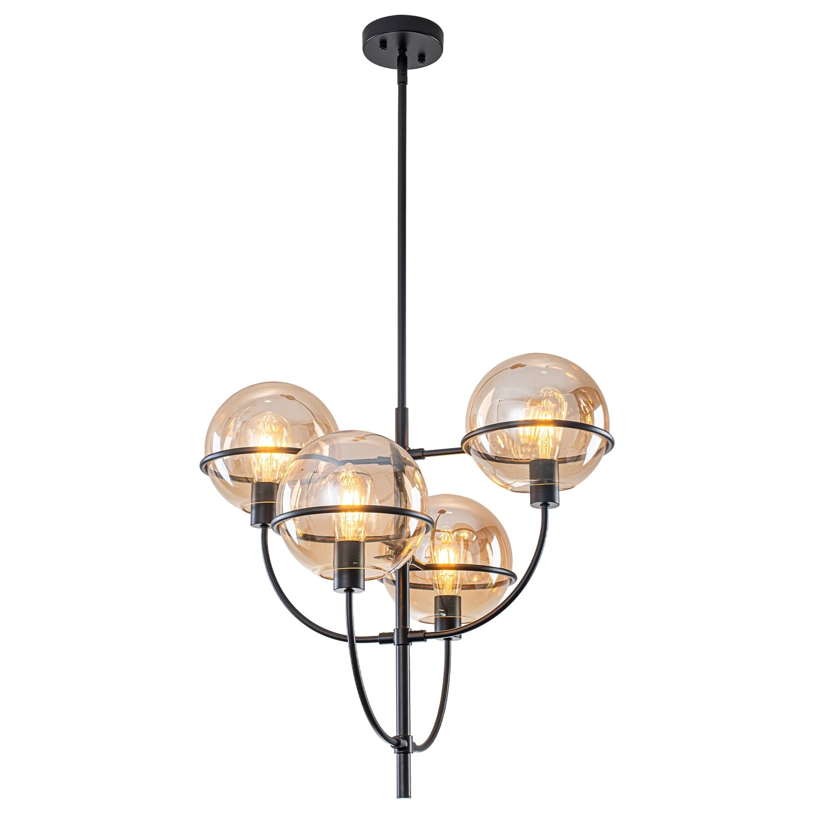4 Light Industrial Matte Black Chandelier Amber Glass Globes Rustic Dia.23.62 In