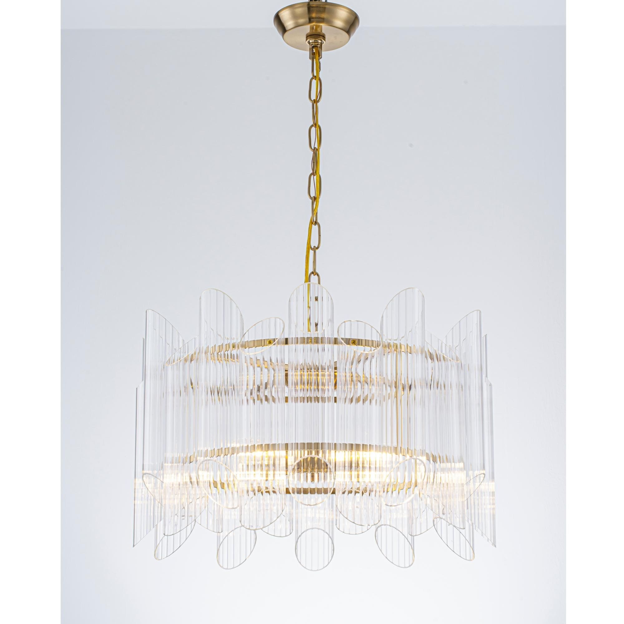 4 Light Luxutry Glam Electroplated Antique Brass Chandelier With Cluster Clear Angled Striped Cylindrical Glass Tube Shades