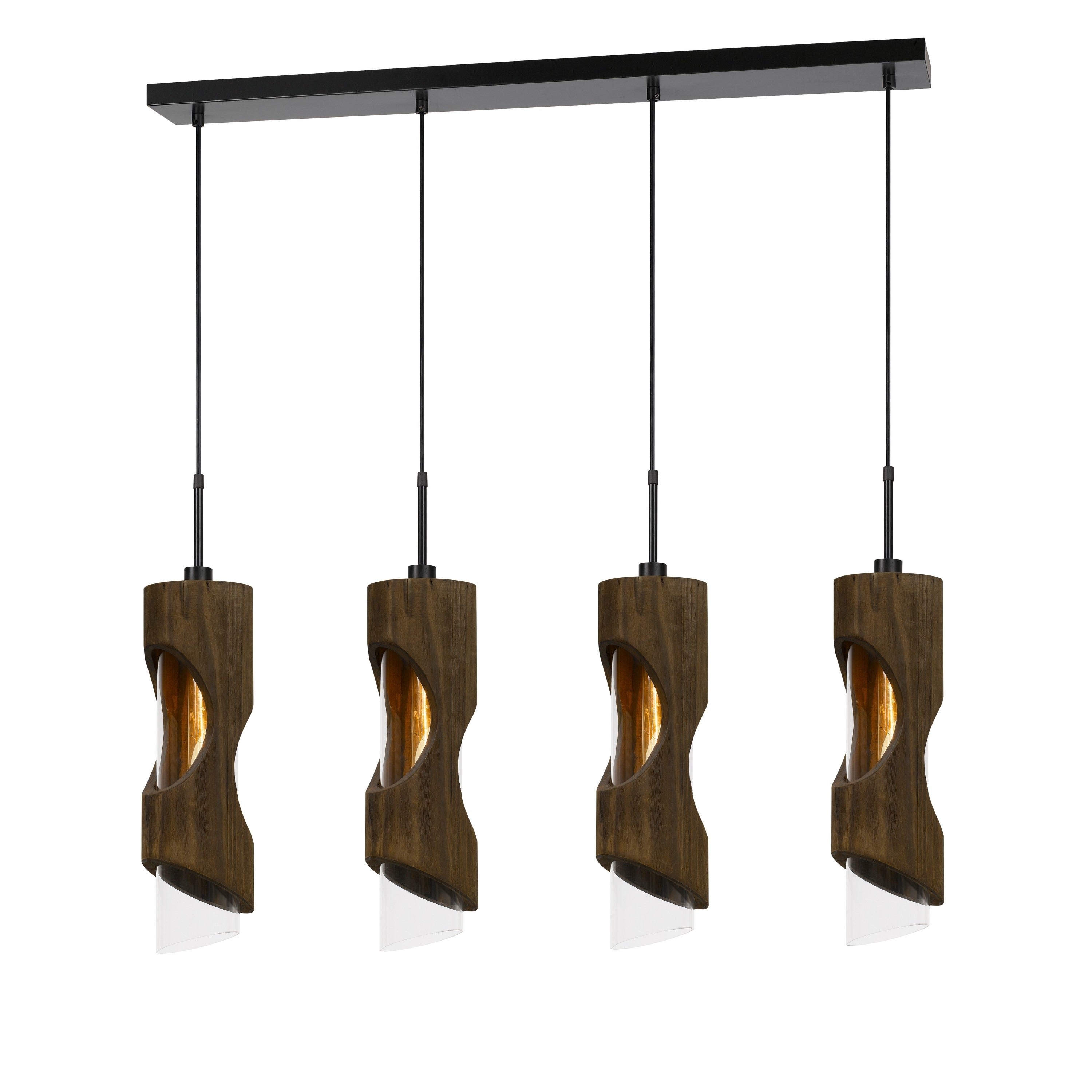 4 Light Metal Frame Pendant Fixture With Wooden And Glass Shades Brown