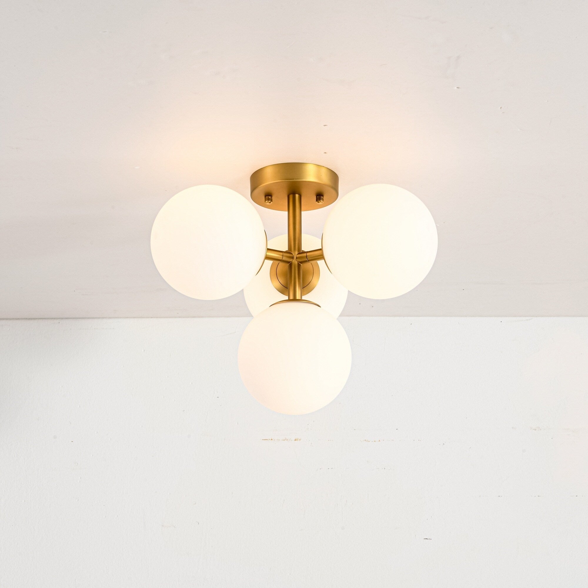 4 Light Mid Century Modern Sputnik Brushed Gold Matte Black Finish Semi Flush Mount Ceiling Light With Opal Glass Globes