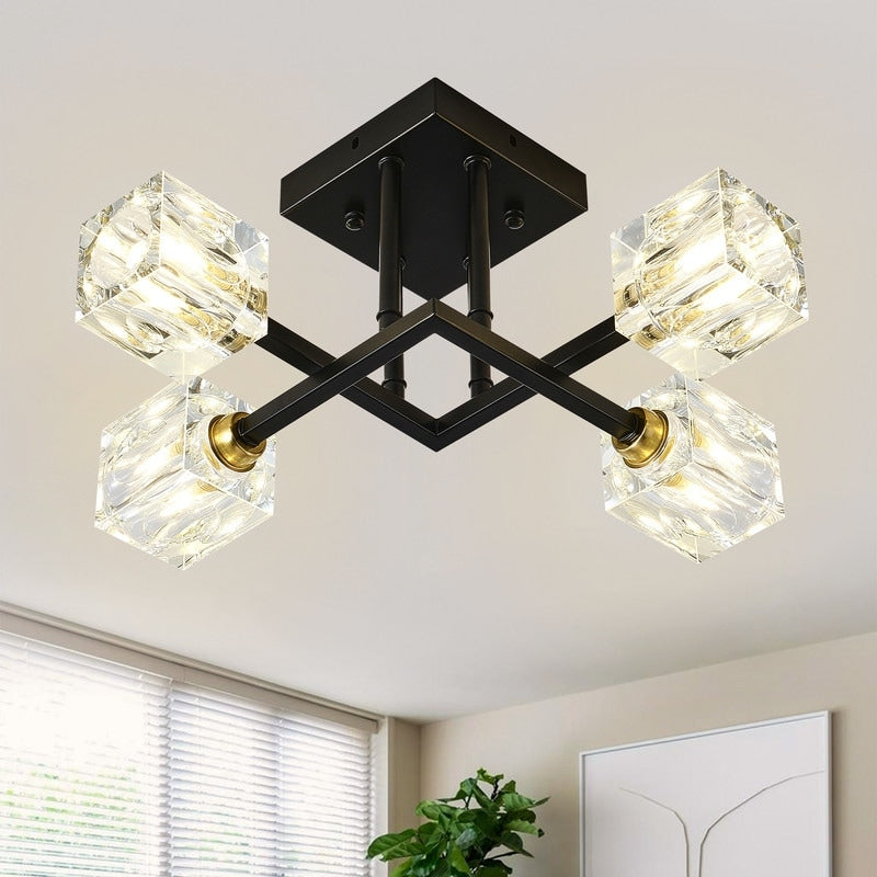 4 Light Modern Crystal Pendant Light Black Flush Mount Low Profile Chandelier Ceiling Light Fixture For Hall Balcony