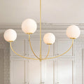 4 Light Modern Elegant Curved Adjustable Chandelier In Brass Finish With Milk White Glass Globe Shades