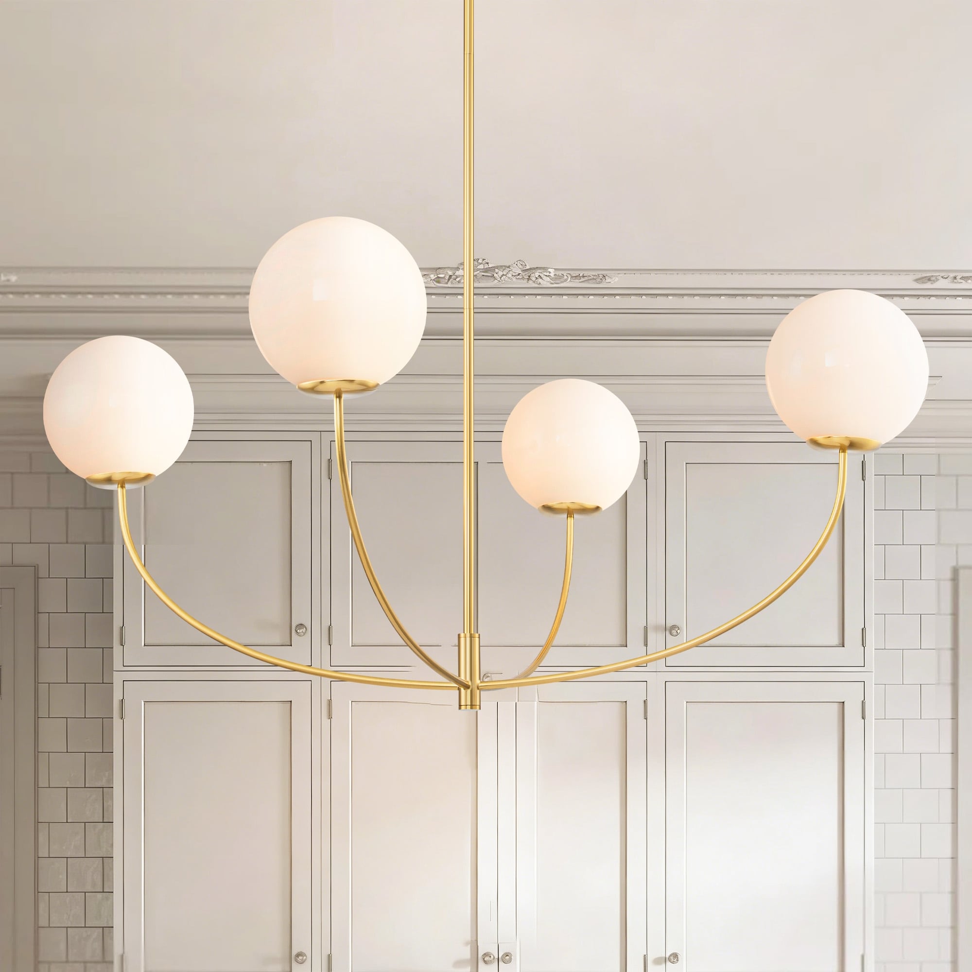 4 Light Modern Elegant Curved Adjustable Chandelier In Brass Finish With Milk White Glass Globe Shades
