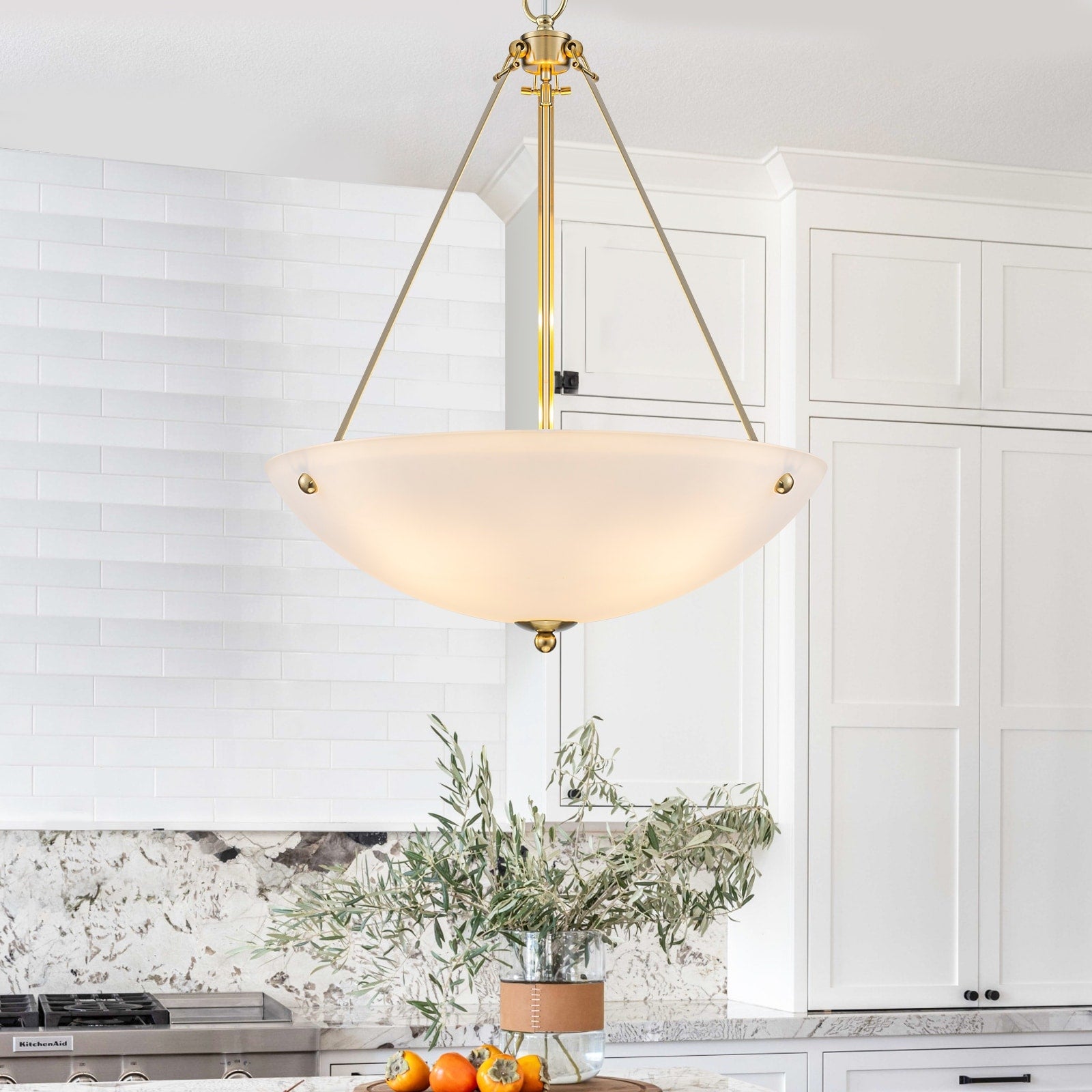 4 Light Modern Gold Inverted Pendant Chandelier Frosted Glass Dome Dia.19.69 In