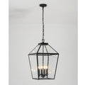 4 Light Modern Industrial Black Lantern Outdoor Hanging Pendant Light With Clear Raindrop Textured Glass Panels
