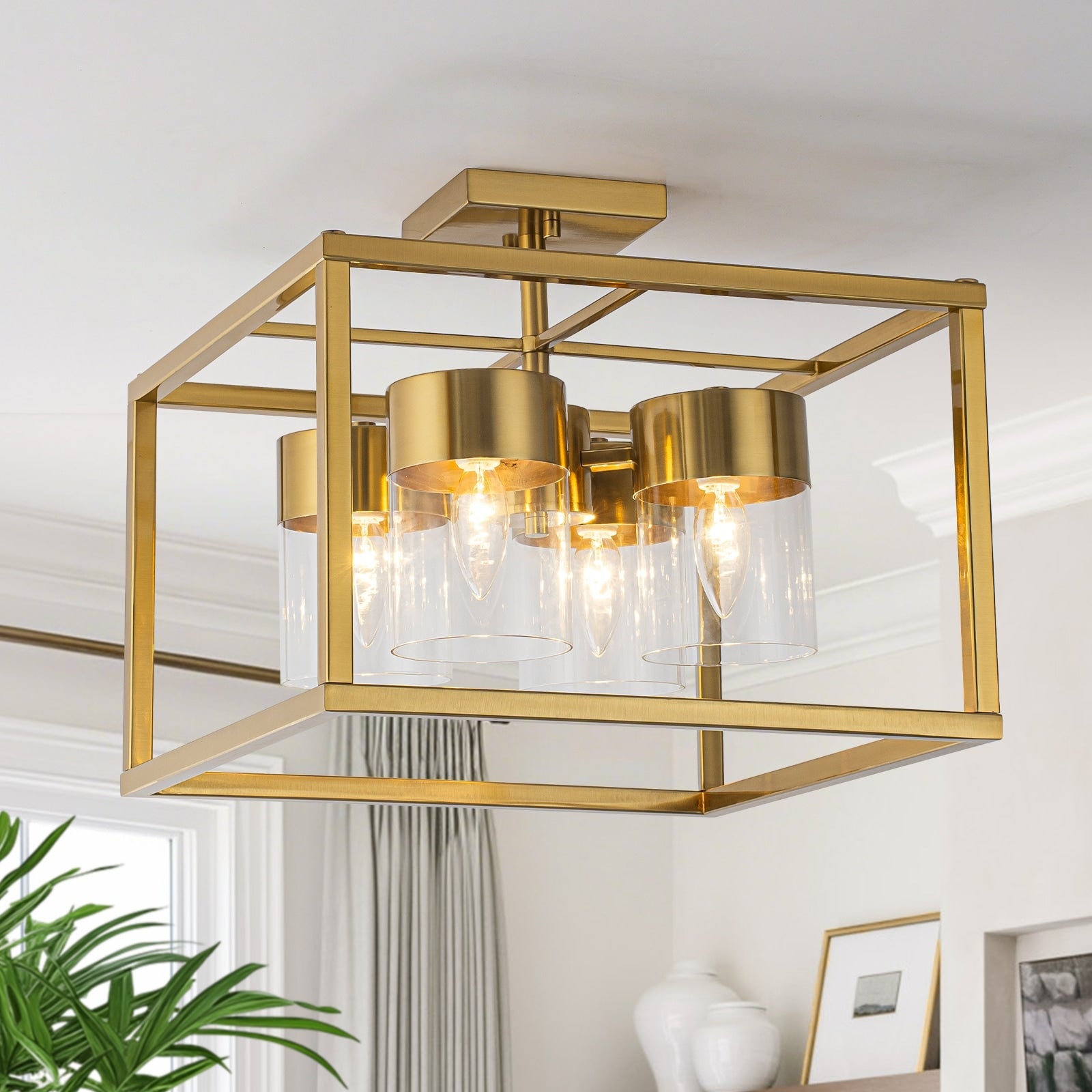4 Light Semi Flush Mount Ceiling Light Square Frame Clear Glass Shades W 14.69 In