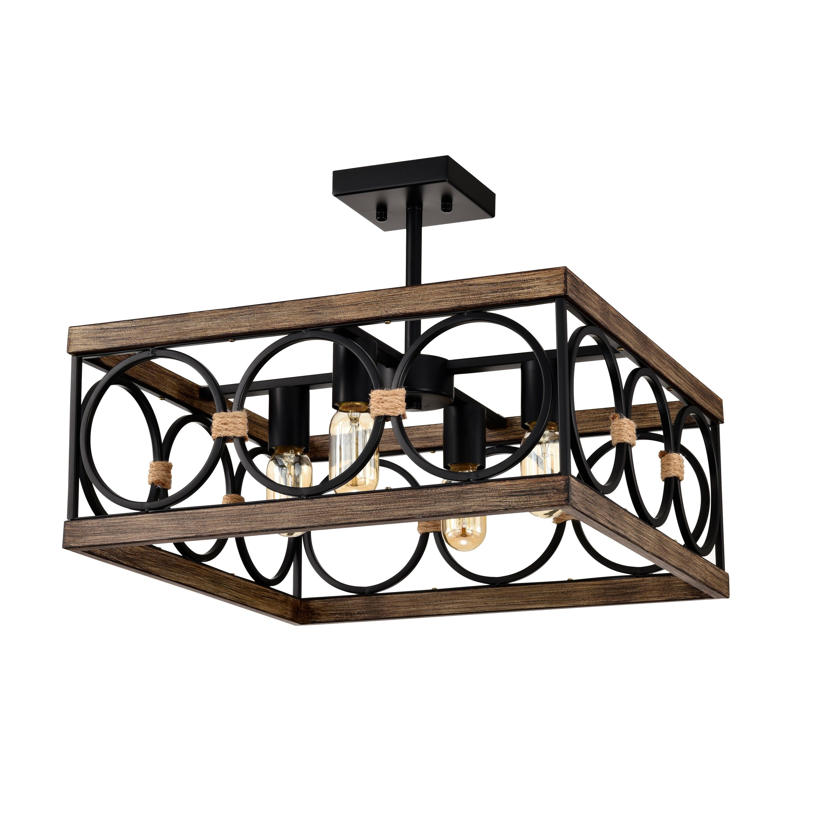 4 Light Square Kitchen Island Lights Ceiling Light Dining Room Light Fixture Wood And Black Metal Rectangular Ceiling Light