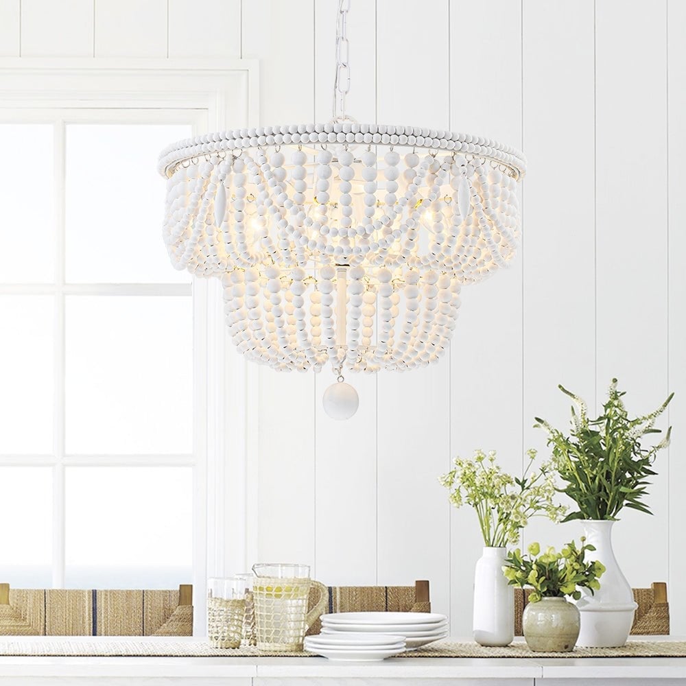 4 Light Washed White Empire Wood Beaded Chandelier 29.9 In
