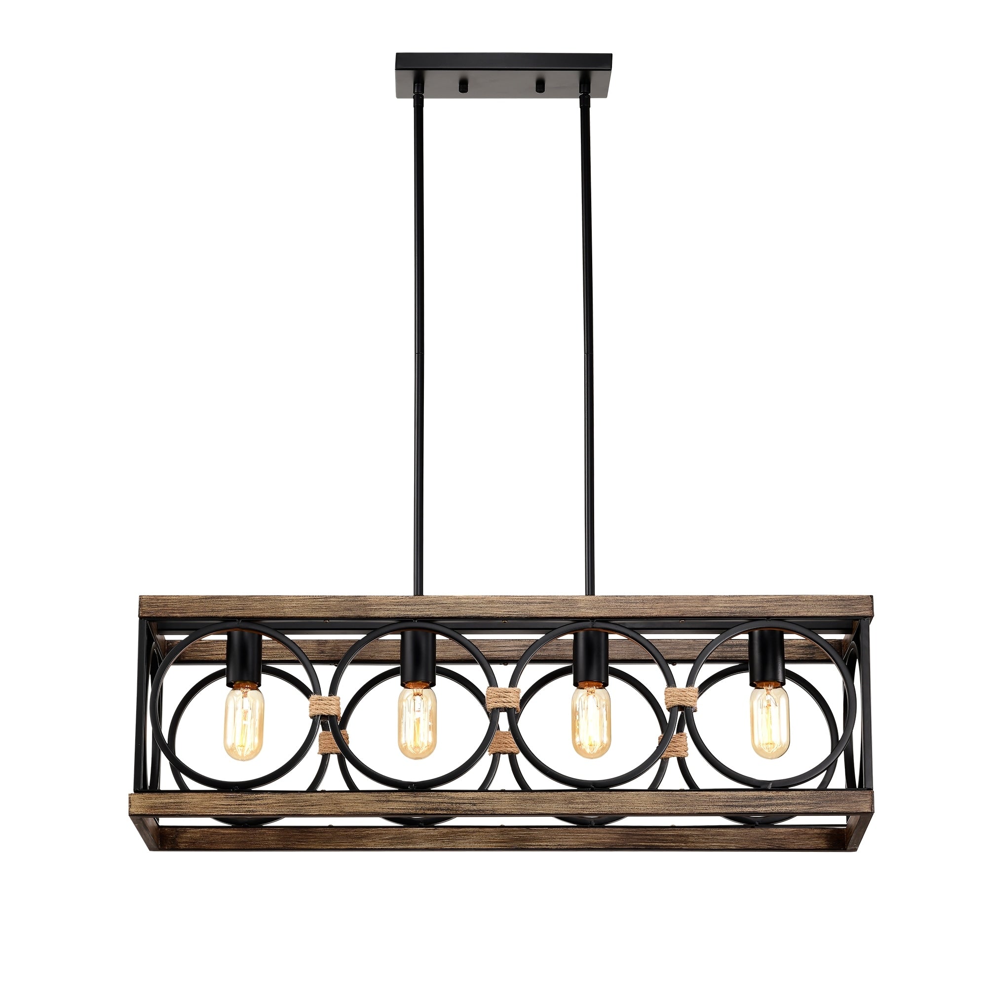 4 Light Bulb No Included Farmhouse Rectangle Pendant Light 31.6 Nature Wood Texture Chandeliers Metal Hanging Light Fixtures