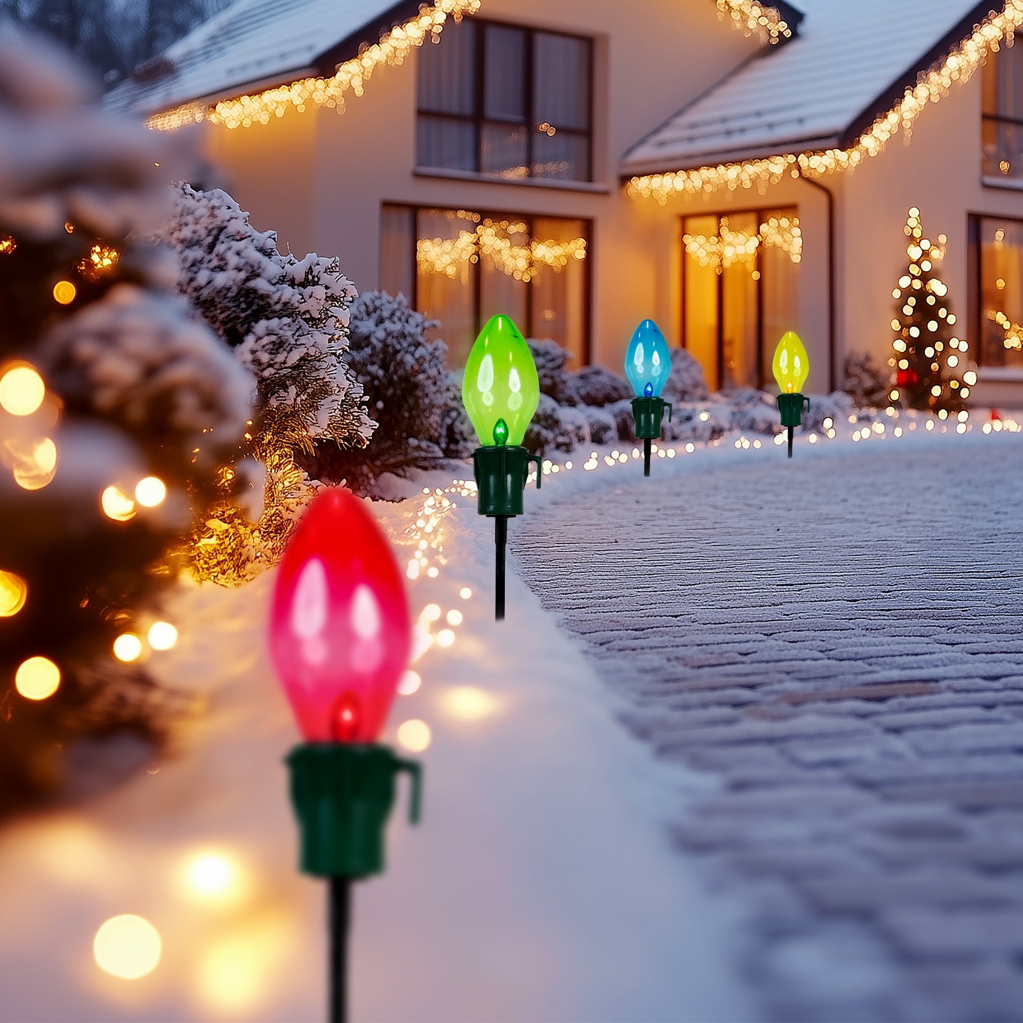 Set Of 4 Lighted Multi Color Jumbo C7 Bulb Christmas Pathway Marker Lawn Stakes N A