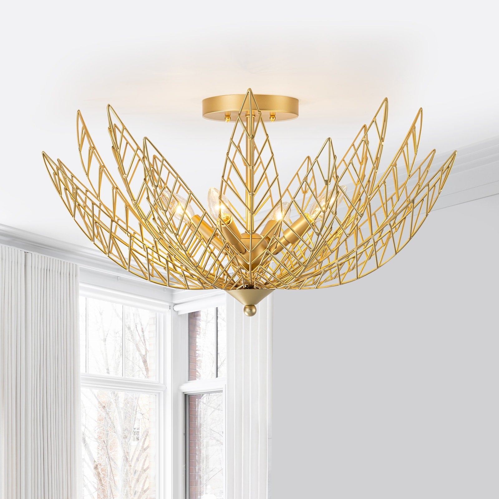 4 Lights Dual Semi Flush Mount Ceiling Light Leaf Shaped Shades Dia.26 In