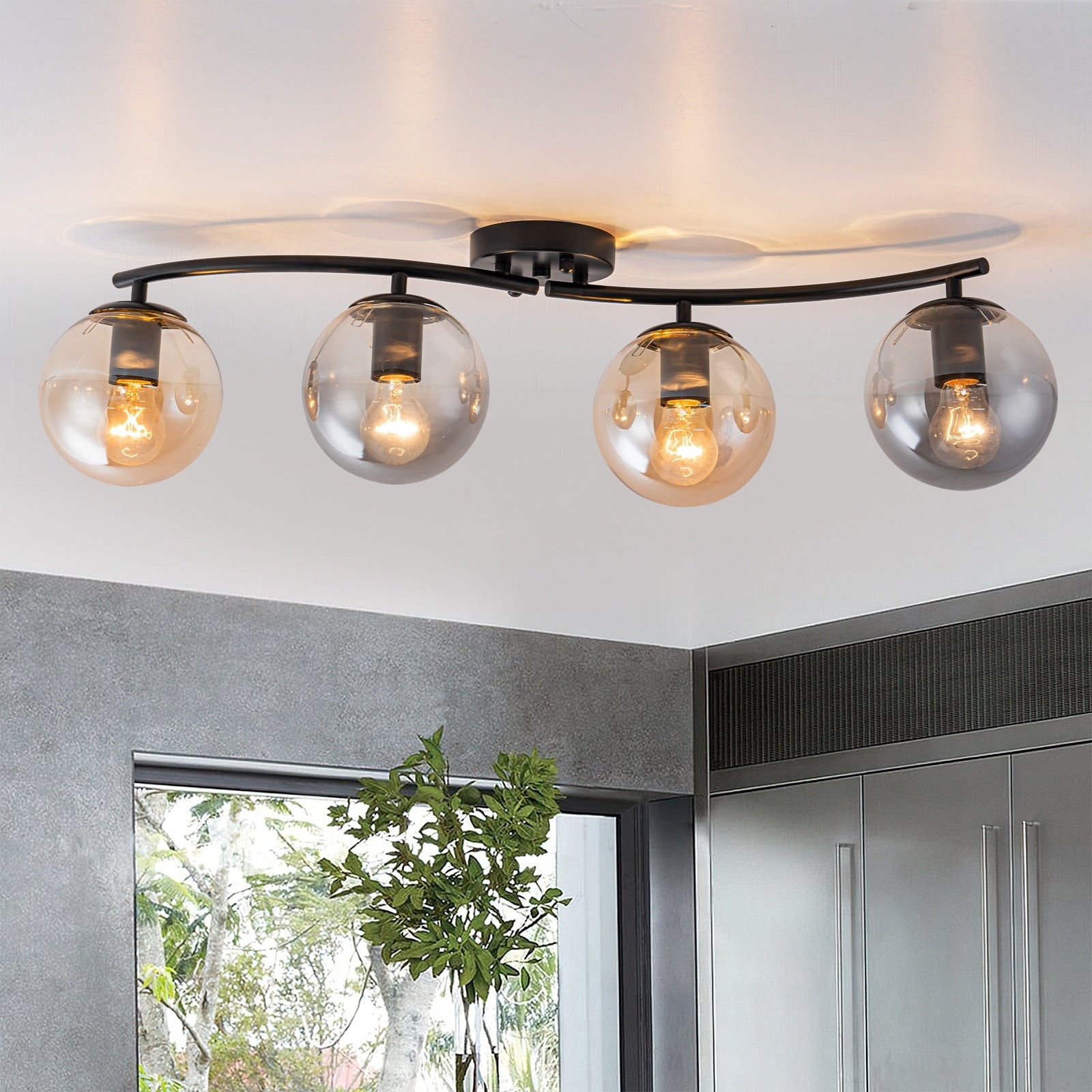 4 Lights Linear Metal Flush Mount Ceiling Light With Smoky And Amber Glass Globes Dia.31.89 In