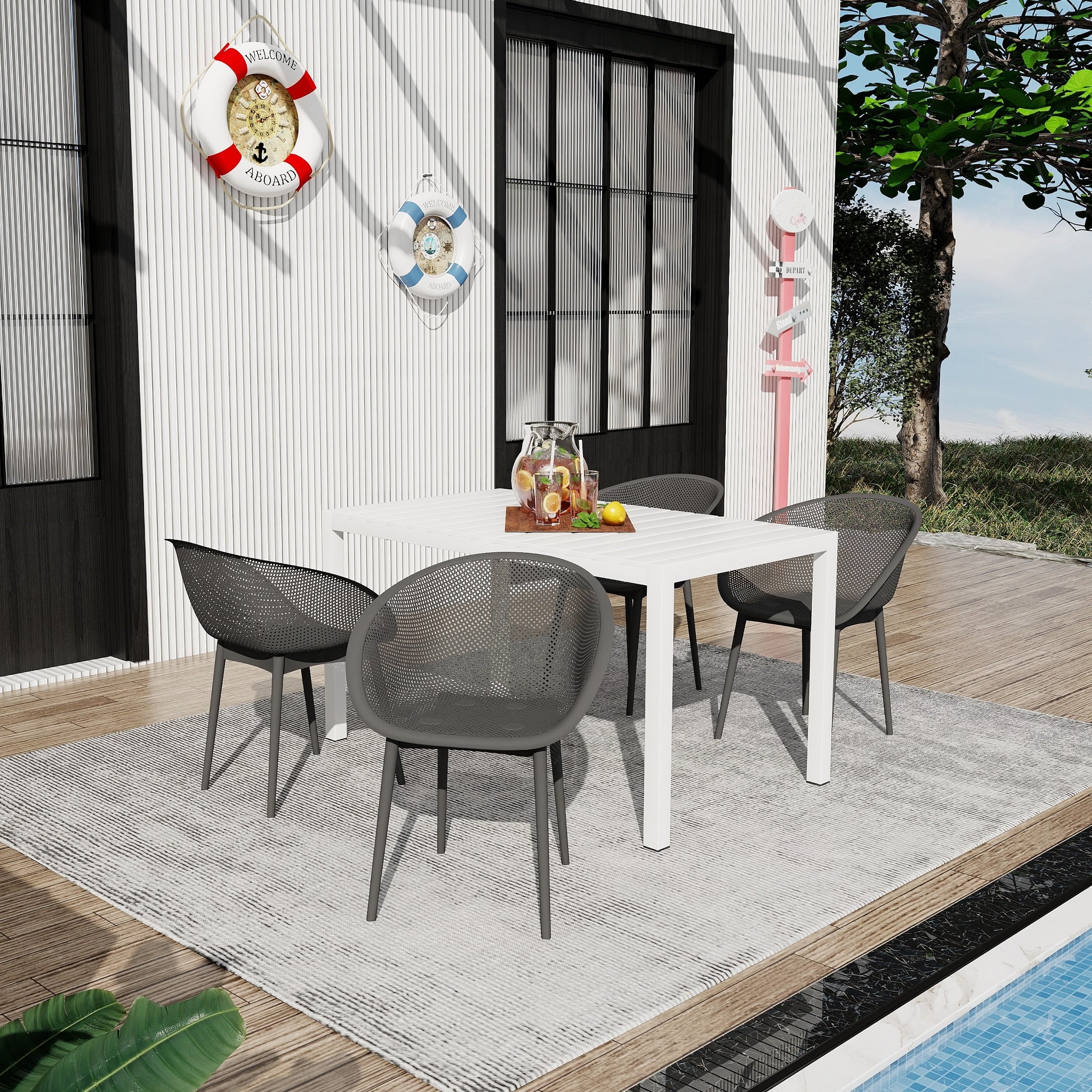4 Pack Warm Modern Lounge Chairs 55 Inch Modern Long Table Lightweight Pp Tabletop With Metal