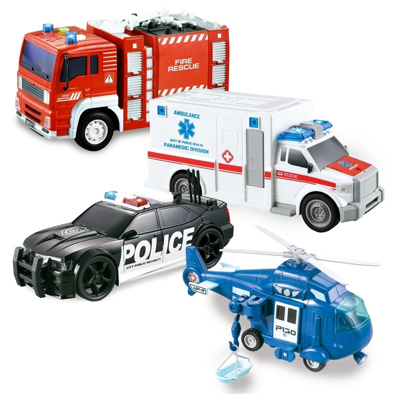 4 Packs Emergency Vehicle Toy Playsets With Light And Sound Multicolor