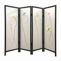 4 Panel Wooden Screen With Hand Painted Fabric Design Brown Beige