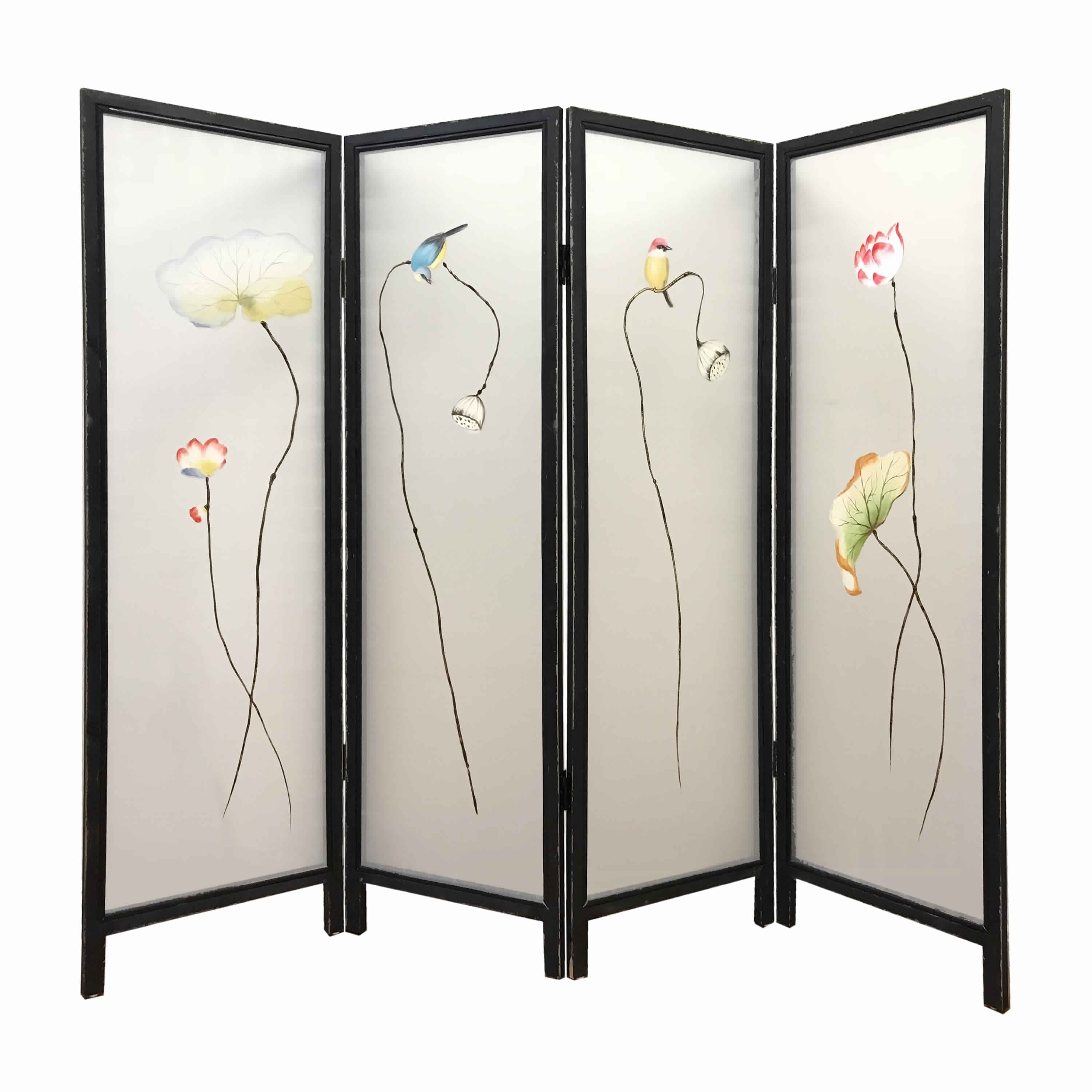 4 Panel Wooden Screen With Hand Painted Fabric Design Brown Beige