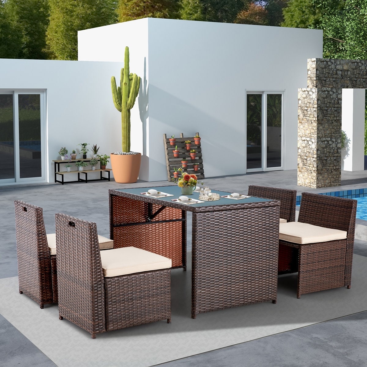 4 Person Wicker Patio Dining Set Rectangular Table With Cushions