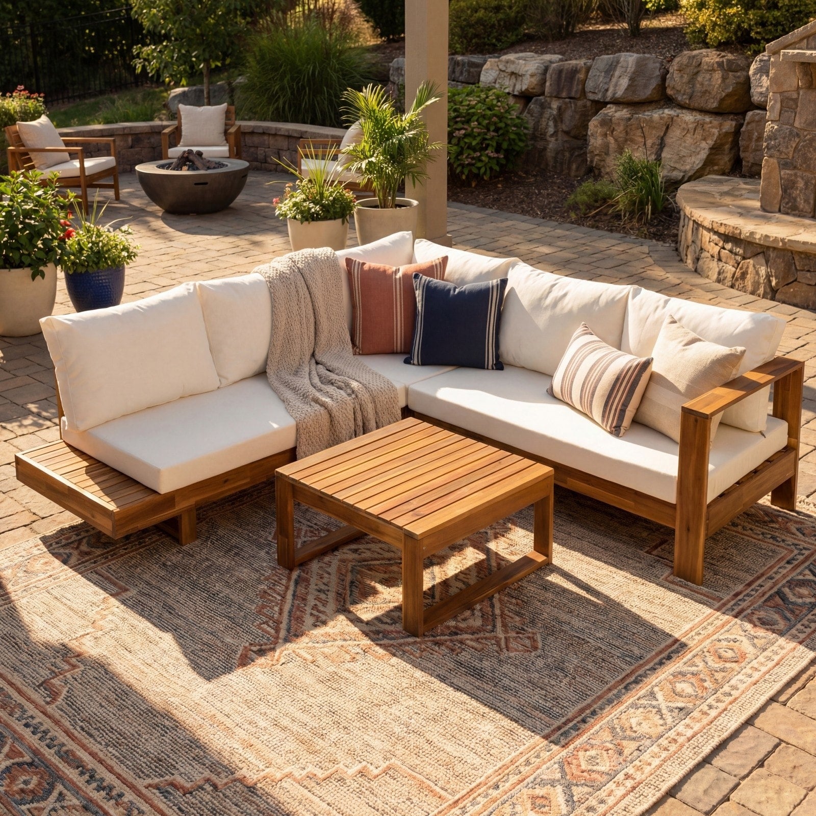 4 Piece Acacia Wood Outdoor Sectional Patio Sofa Set With Cushions And Coffee Table Natural Slatted Design
