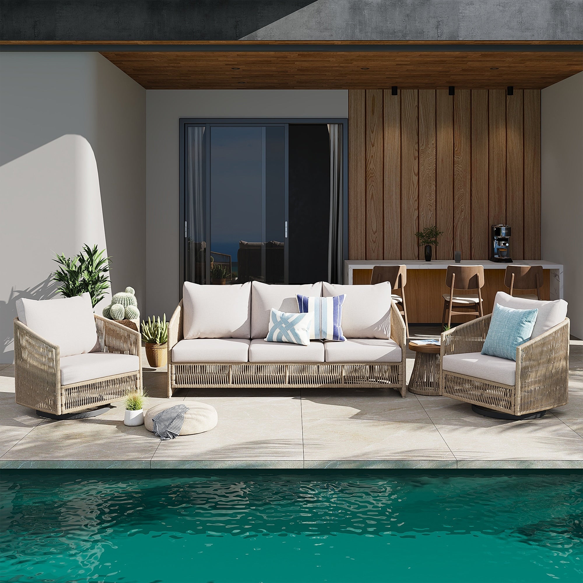 4 Piece All Weather Wicker Outdoor Conversation Set With Swivel Patio Chairs Acacia Wood Side Table