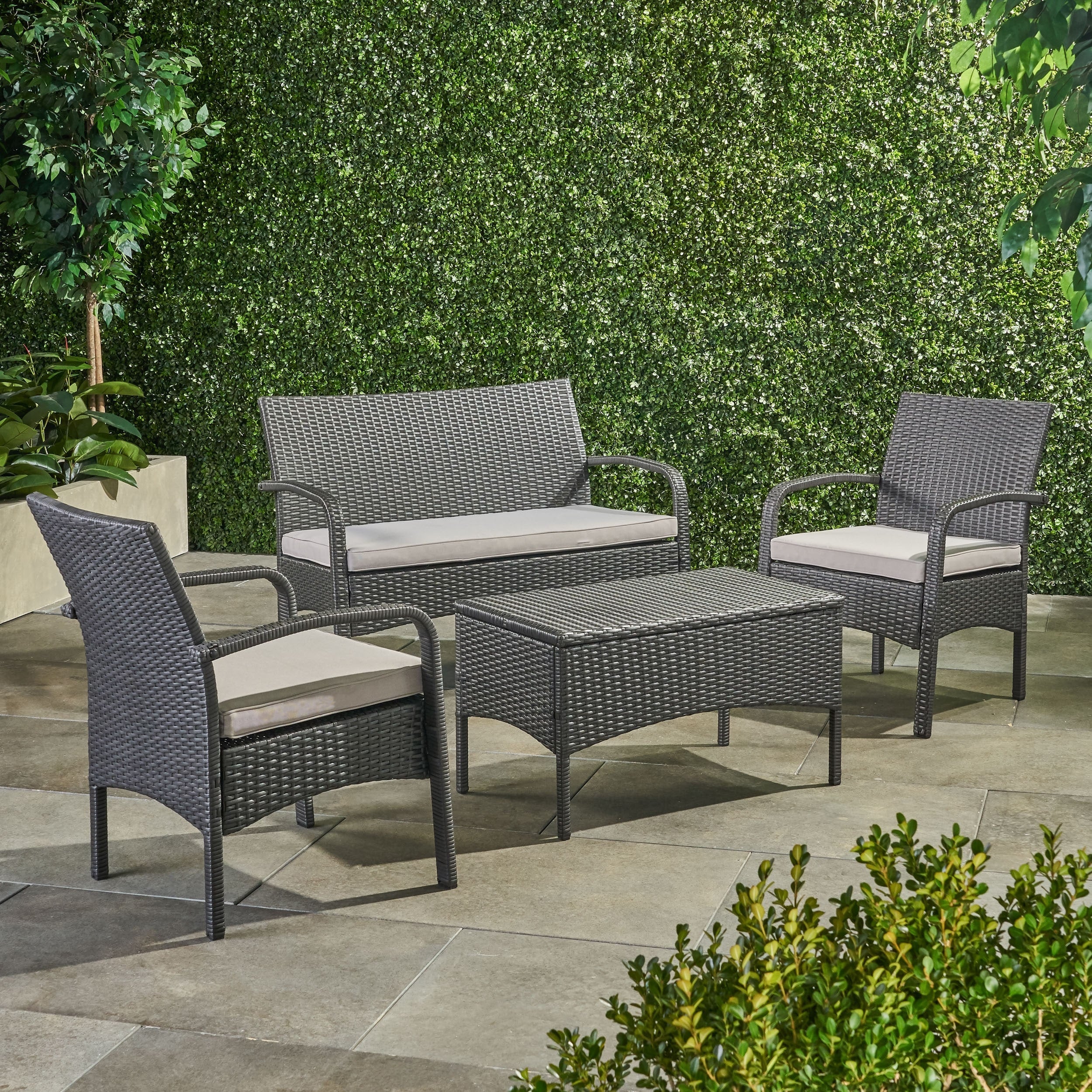 4 Piece Balcony Sofa Set Loveseat With Soft Cushion Grey Rattan Patio Couch Seating Sofas With Coffee Table