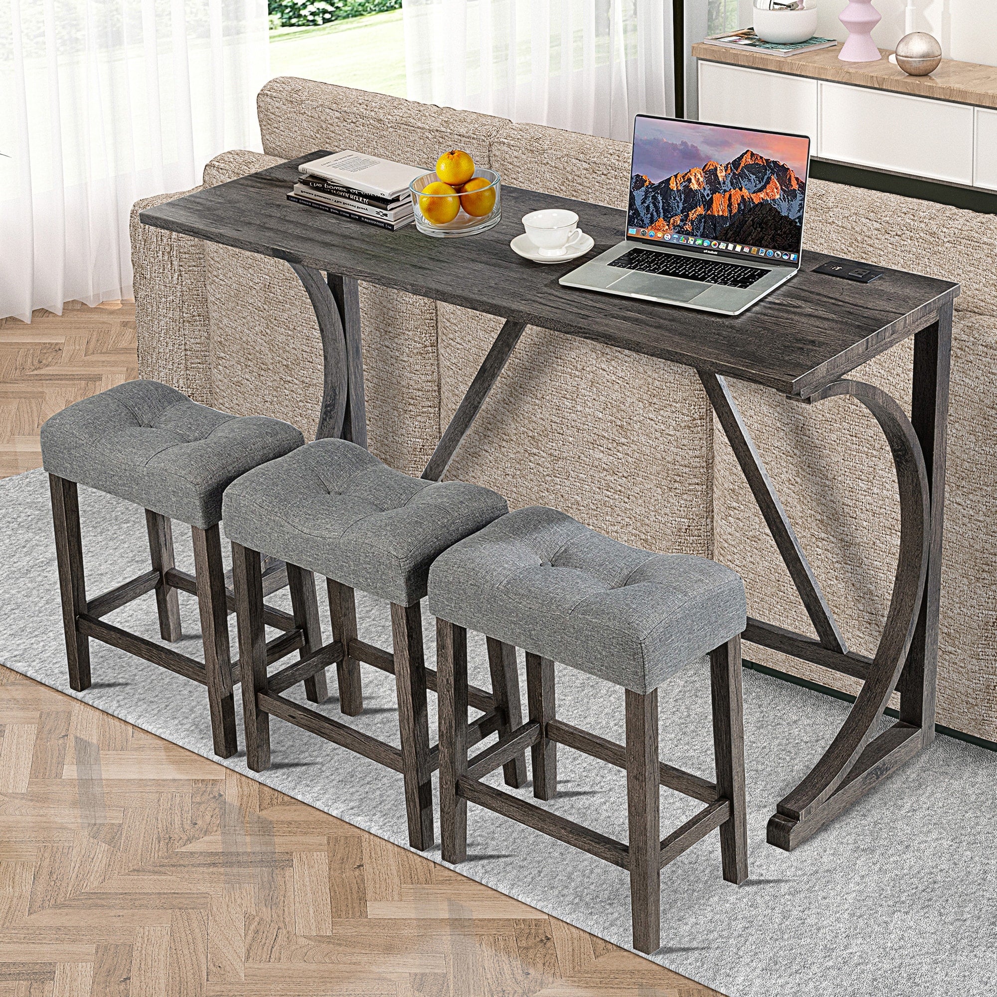 4 Piece Bar Table Set With Power Outlet Bar Table Set With 3 Padded Stools For Living Room Dining Room Game Room Dark Gray
