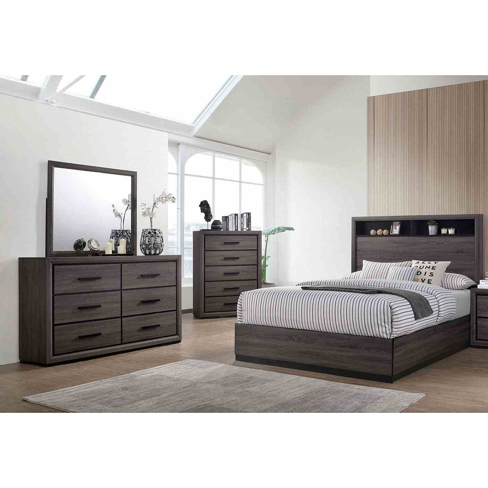 4 Piece Bed Chest Dresser Mirror Gray Finish Bedroom Set