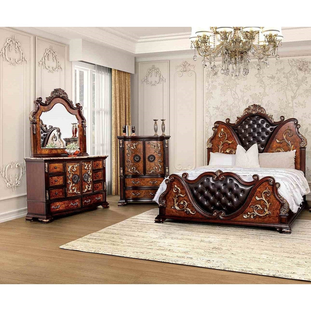 4 Piece Carved Details Tufted Luxurious Bedroom Furniture Set