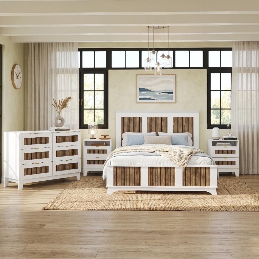 4 Piece Farmhouse Bedroom Set With Queen Platform Bed Nightstands 6 Drawer Dresser By Harper Bright Designs