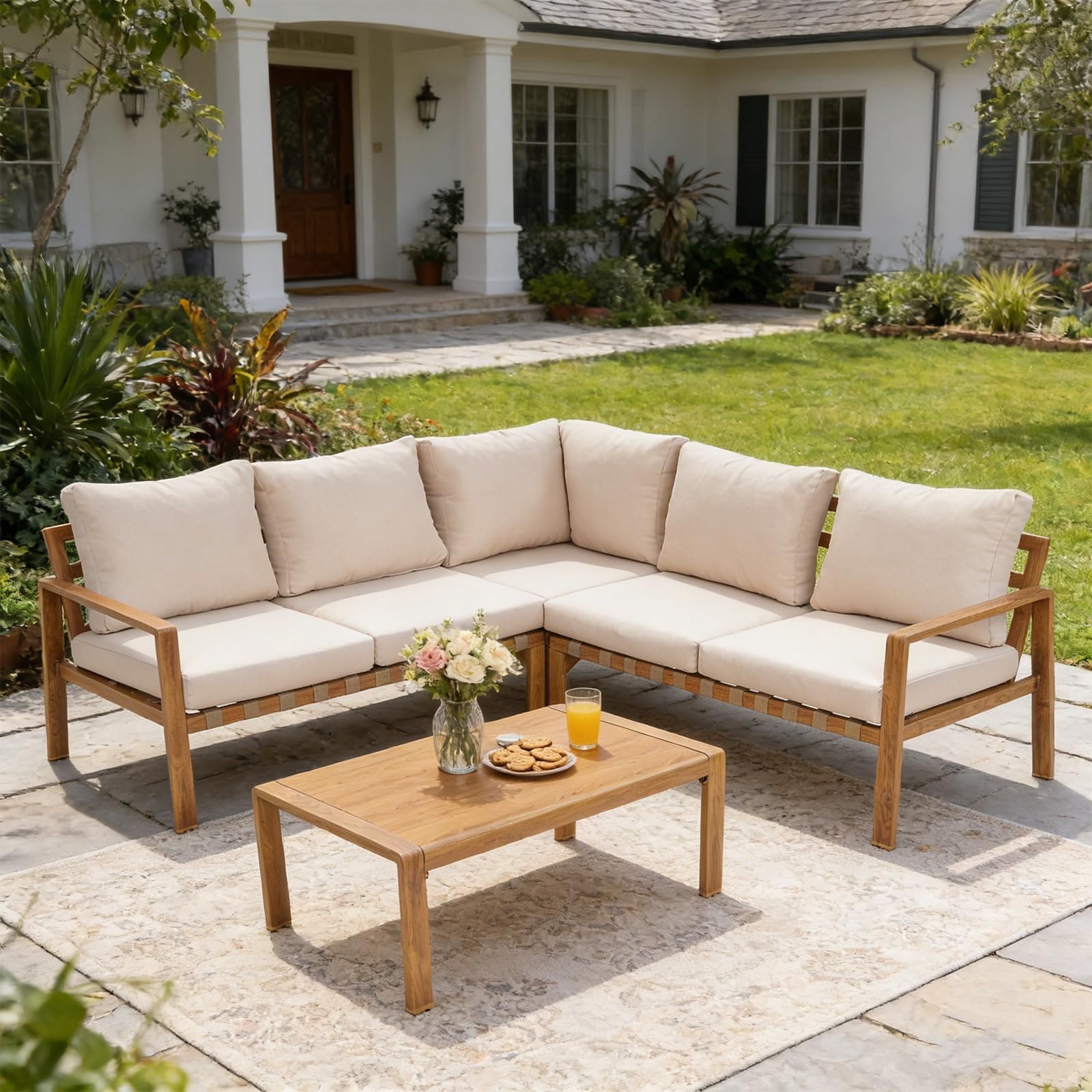 4 Piece L Shaped Outdoor Patio Furniture Set All Aluminum Frame Sofa Cushioned Seats Plastic Wood Coffee Table