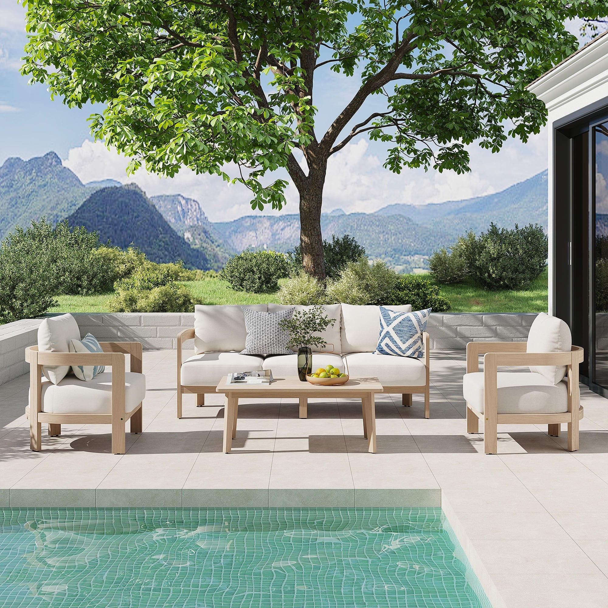 4 Piece Outdoor Conversation Set Acacia Wood 3 Seater Sofa And Arm Chair With Coffee Table