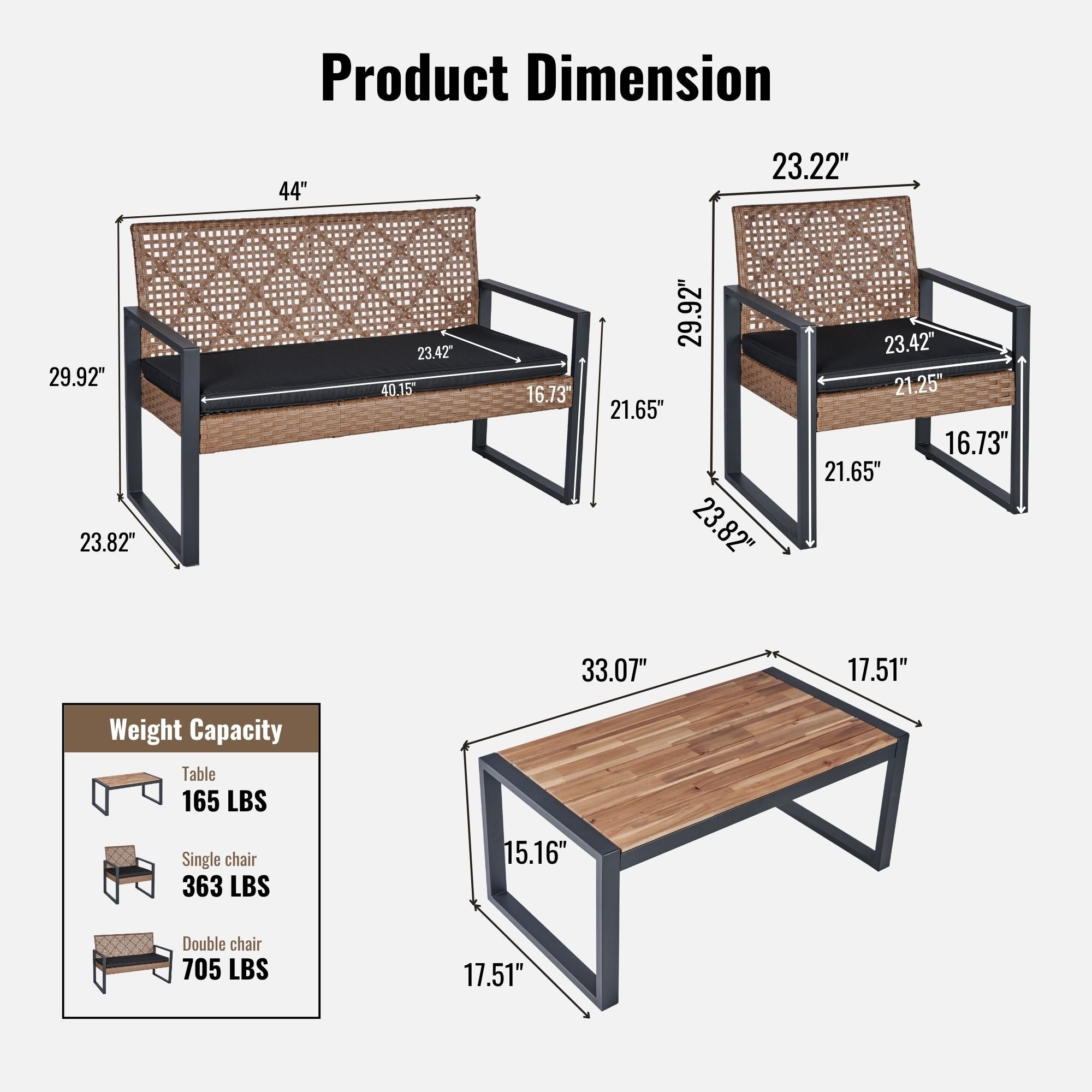 4 Piece Outdoor Patio Furniture Set Acacia Wood Tabletop Cushioned Seating Wicker Rope Chairs Backyard Garden Set