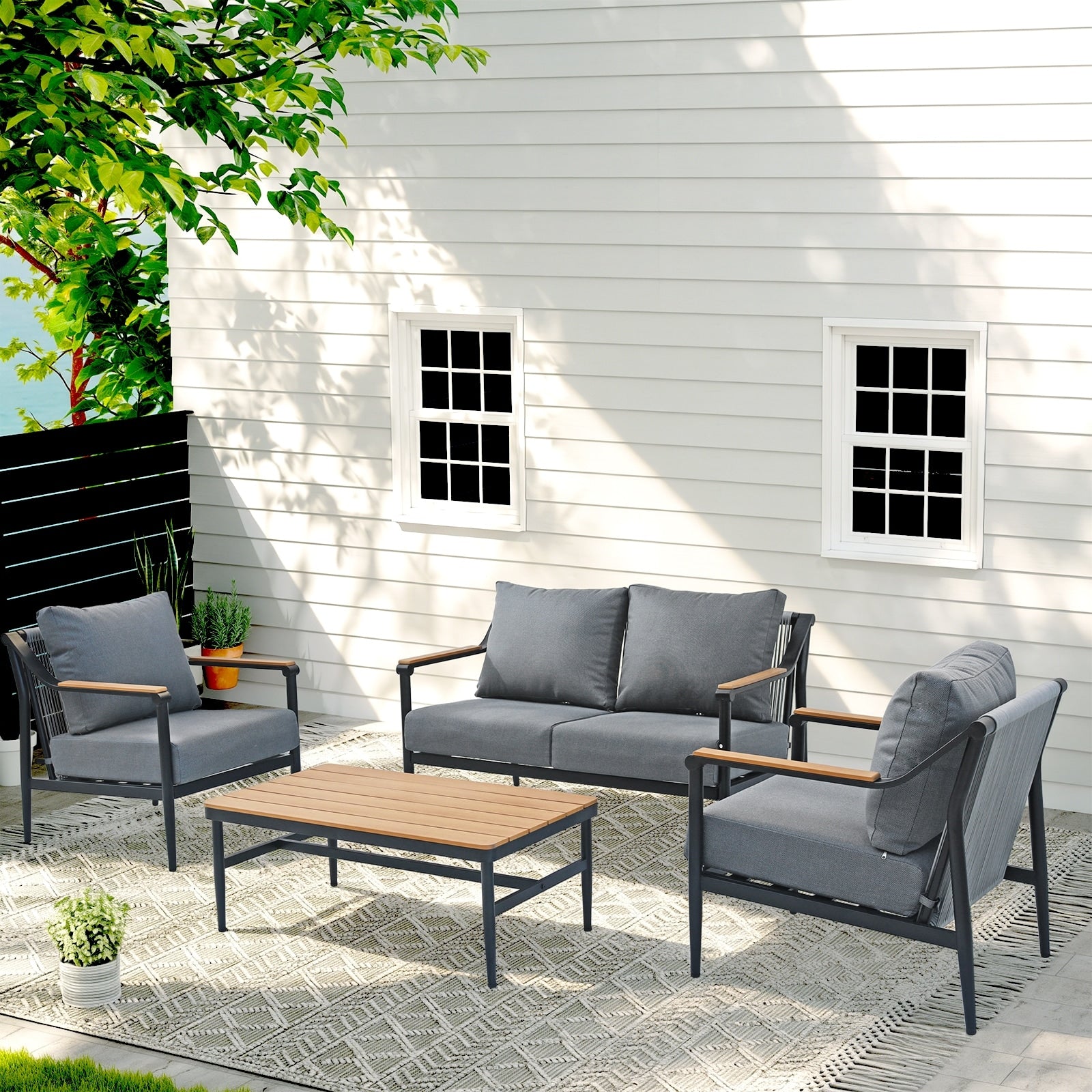 4 Piece Outdoor Patio Furniture Set Aluminum Frame Conversation Set With Olefin Cushions Wood Grain Coffee Table 330 Lbs