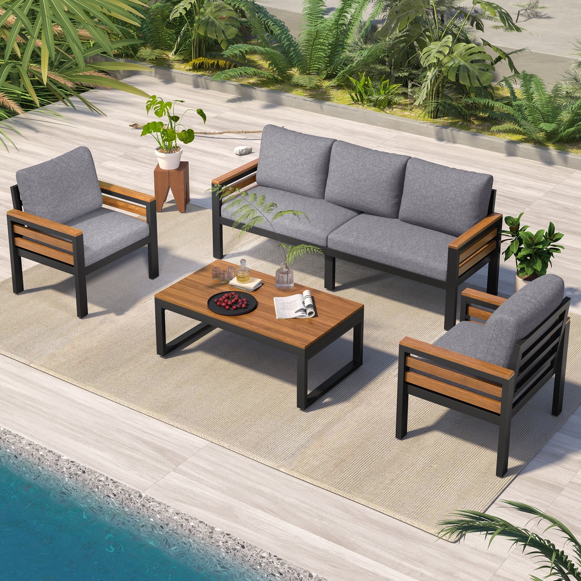 4 Piece Outdoor Sofa Set With Removable Cushion Coffee Table Patio Conversation Set With Loveseat Chairs