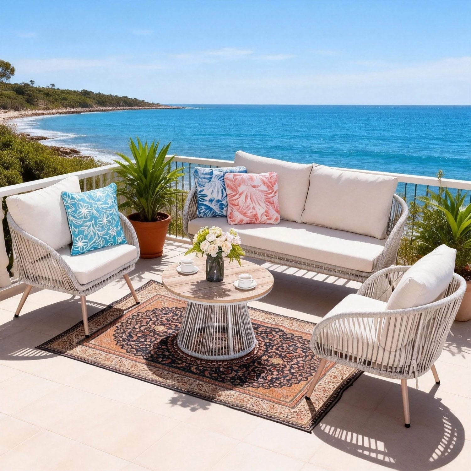 4 Piece Outdor Sectional Sofa Set With Iron Frame And Rattan Weaving Craftsmanship