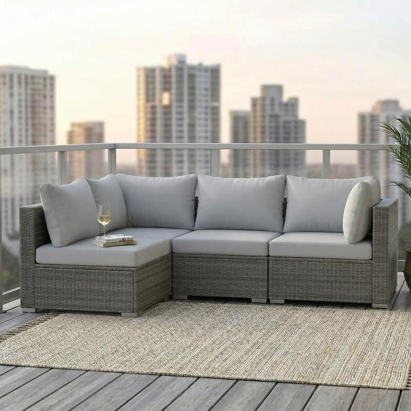 4 Piece Oversized Outdoor Modular Sofa Set 27.5 Wide Wicker Patio Conversation Set With 4 Inch Thick Cushions