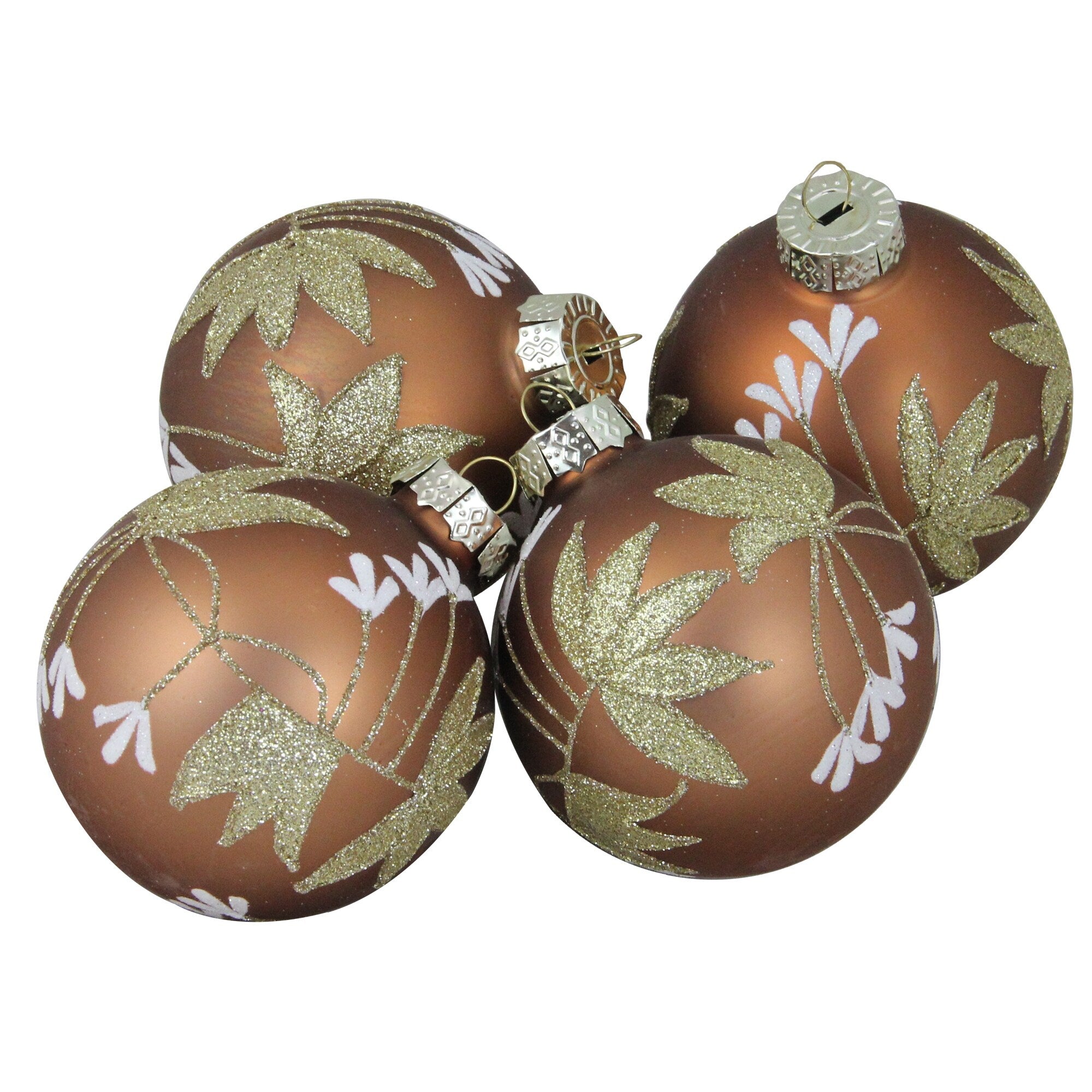 4 Piece Set Of Antique Gold And White Floral Pattern On A Gold Glass Ball Christmas Ornaments 4 100Mm