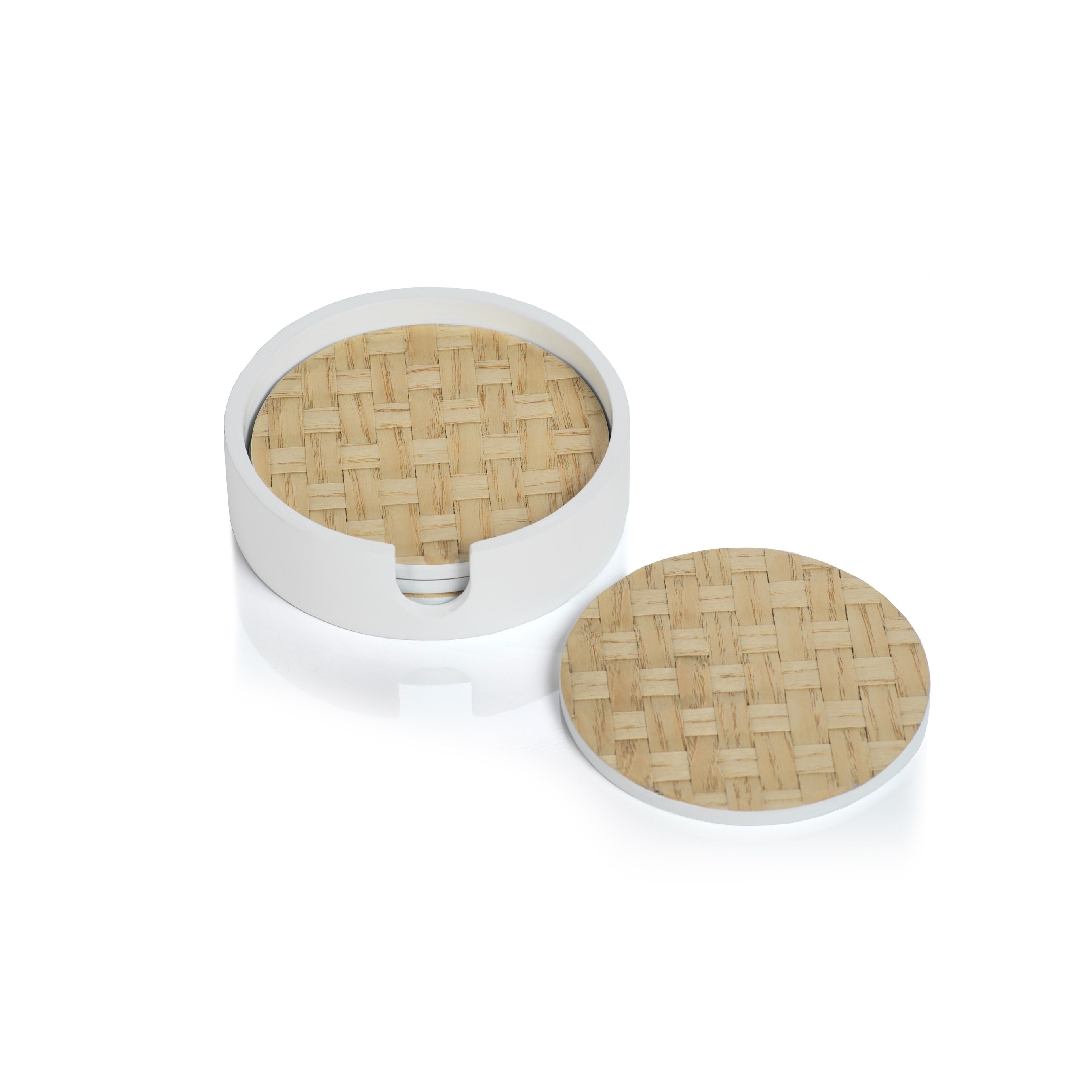 4 Piece Woven Ash Blue Coaster Set With Holder Round