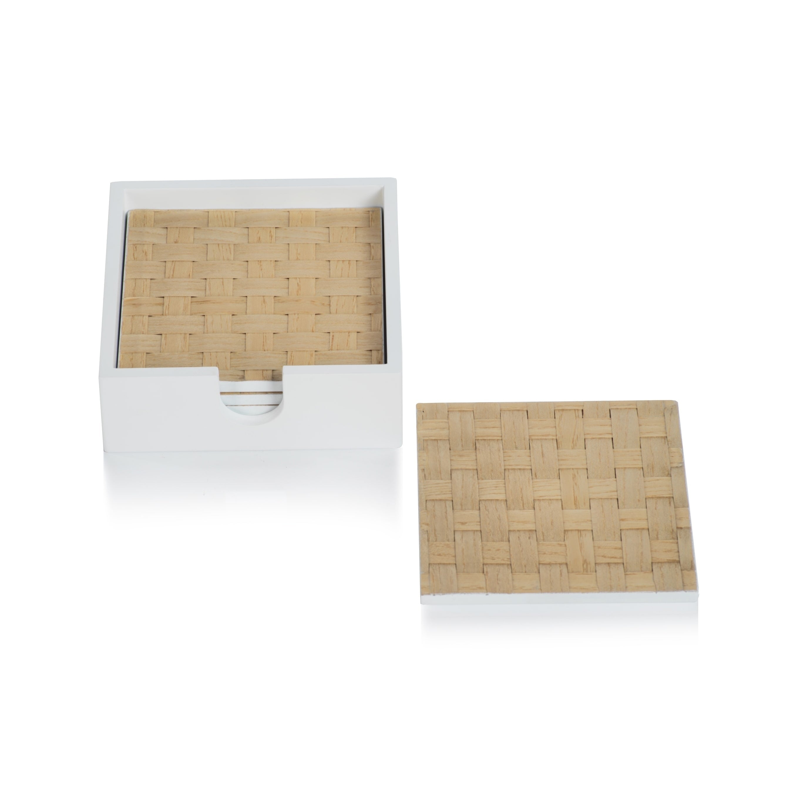 4 Piece Woven Ash White Coaster Set With Holder Square