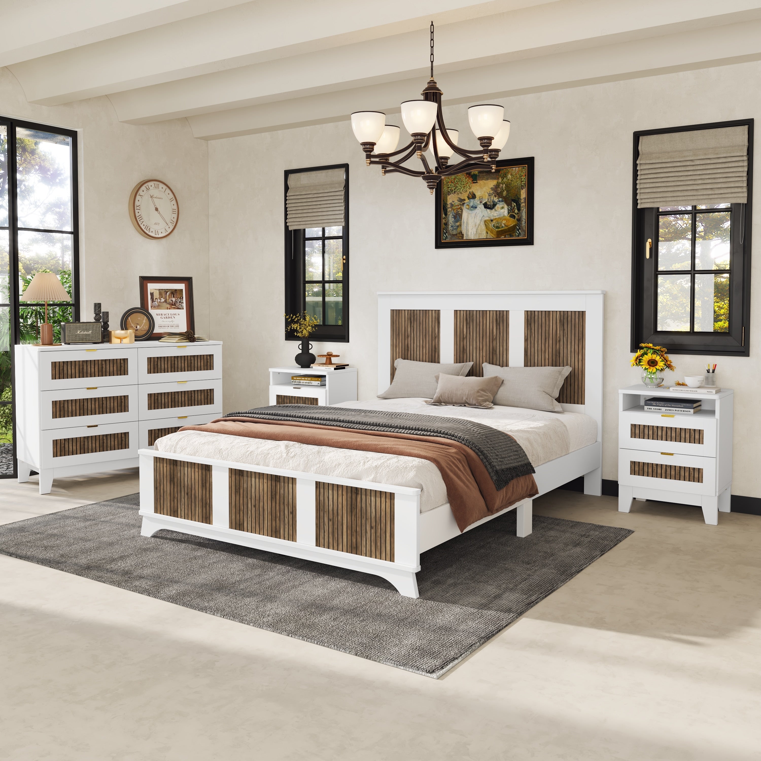 4 Pieces Bedroom Sets Queen Size Wood Platform Bed Frame With Elevated Headboard Nightstand 6 Drawers Dresser Farmhouse Rustic