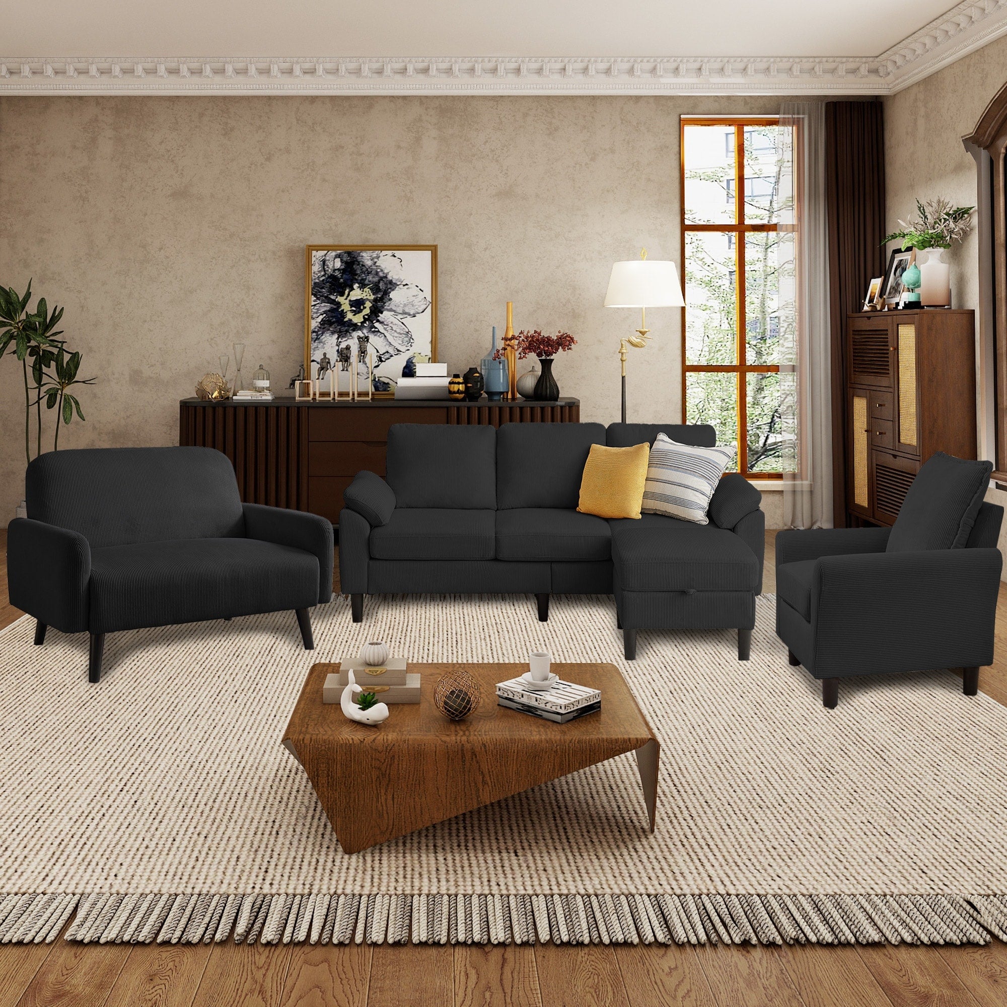 4 Pieces Corduroy Living Room Sets With Sofa Ottoman And Loveseat