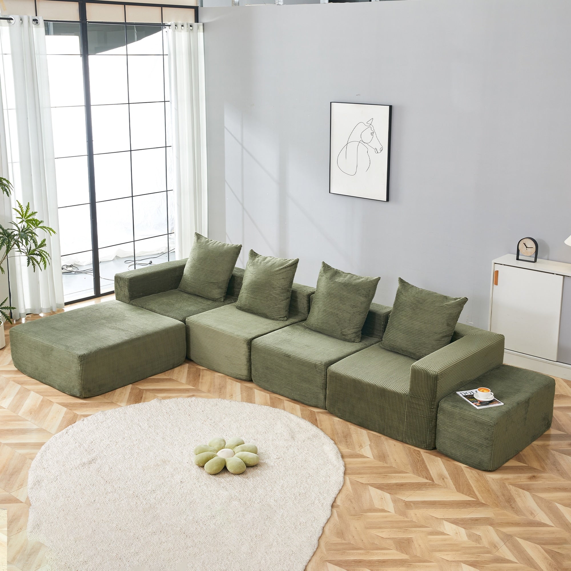 4 Seat Modular Sofa Sectional With Oversized Chaise Ottomans Cloud Couch In Soft Corduroy Fabric