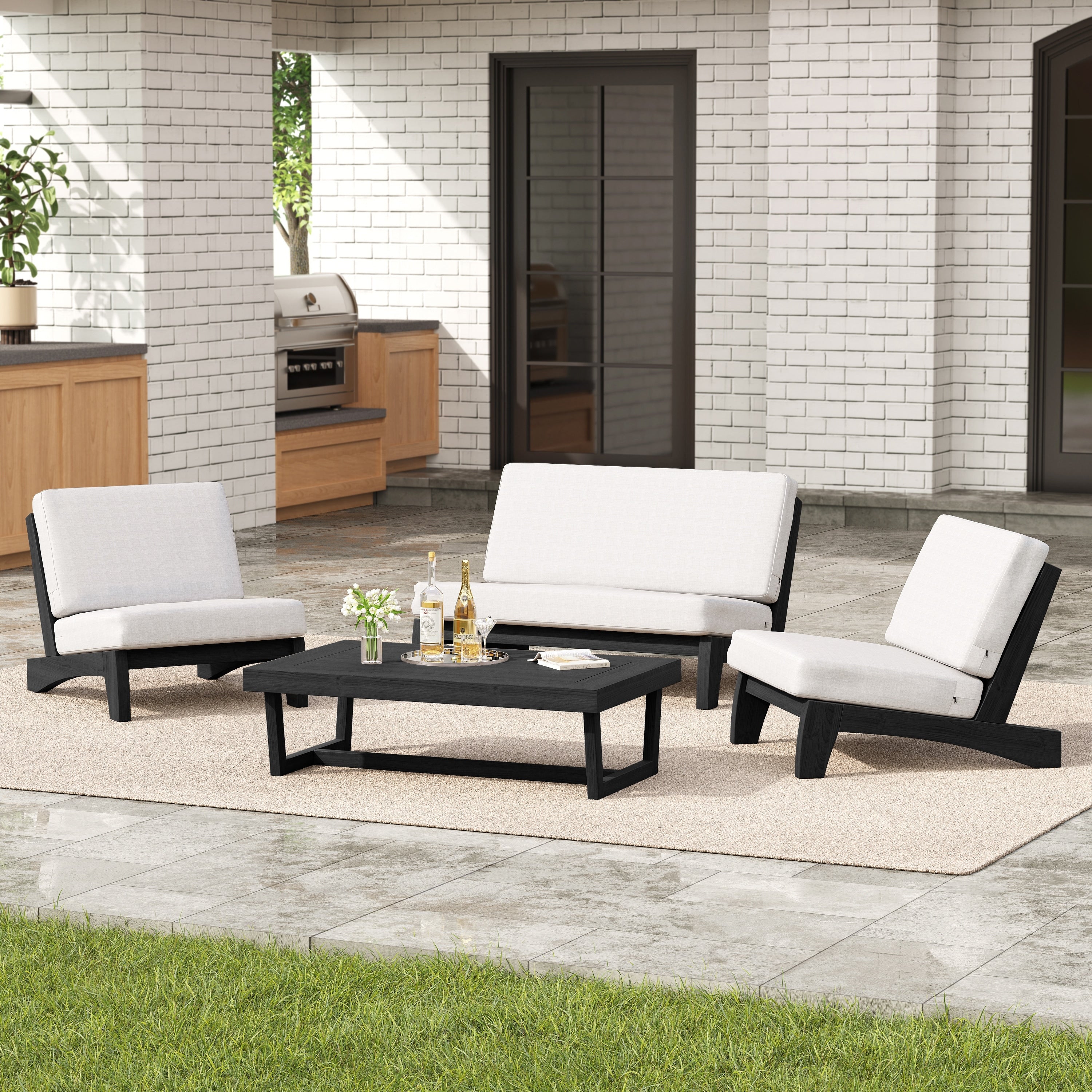 4 Set Outdoor Patio Teak Wood Club Chairs Loveseat With Coffee Table