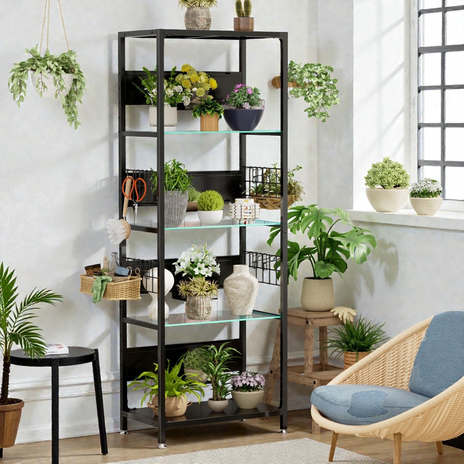 4 Tier Glass Display Shelf With Rgb Led Lights Metal Standing Curio Shelf With Adjustable Box And Hooks