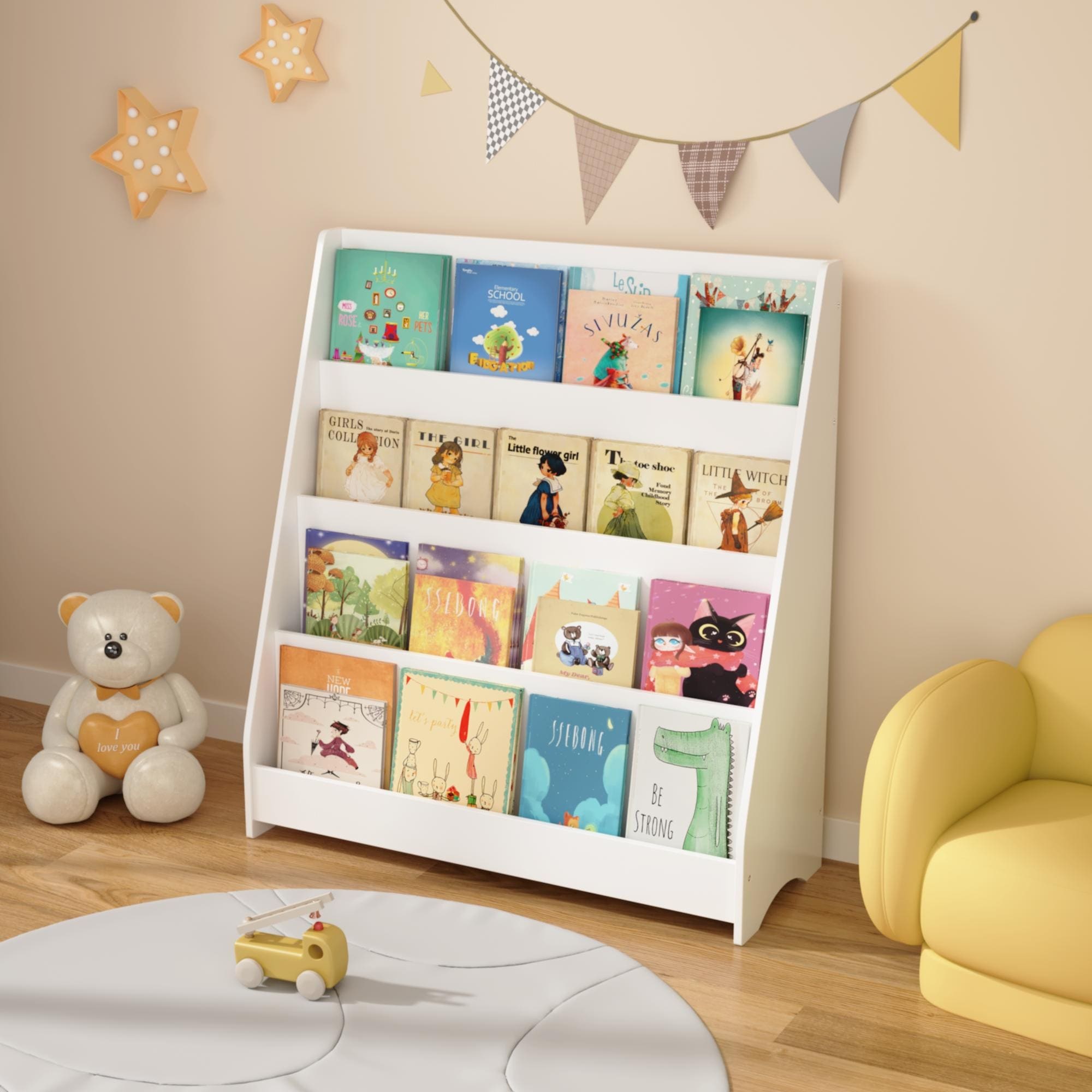 4 Tier Kids Bookshelf Toddler Book Display Shelves Helps Keep Bedrooms Playrooms And Classrooms Organized Natural