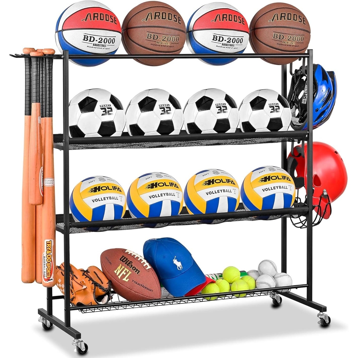 4 Tier Sports Equipment Organizer For Garage With Detachable Nylon Mesh Baskets