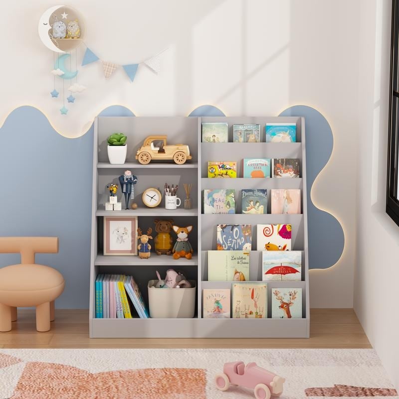 4 Tier Wooden Kids Bookshelf Toy Organizer With Storage Bin Modern Display Bookcase For Nursery Playroom