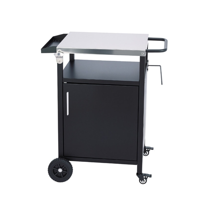 4 Wheel Black Bbq Cart With Stainless Steel Top Single Door Cabinet Grill Station N A