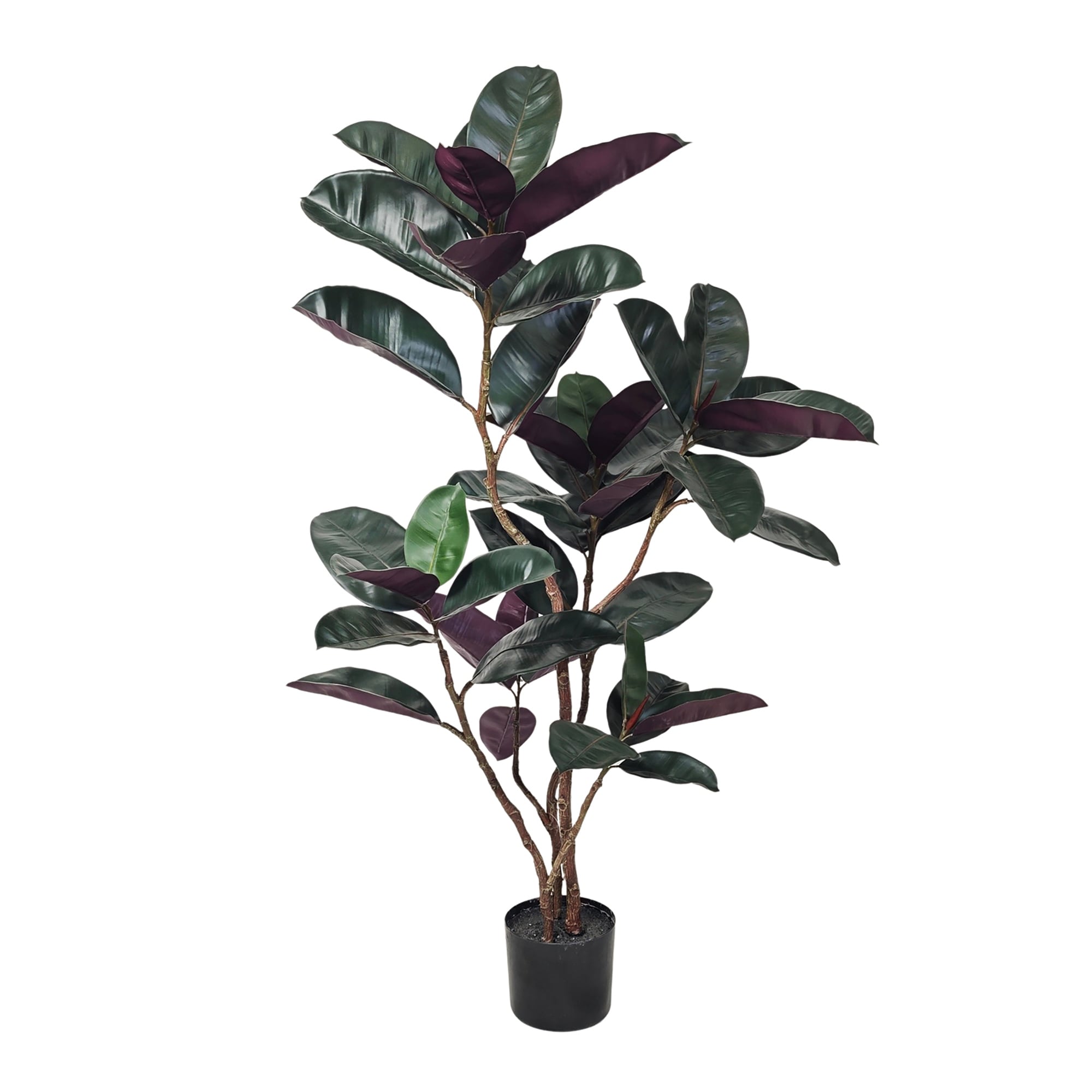 4 Ft. Artificial Rubber Tree Faux Green Plant With Bendable Branches In Black Cement Filled Nursery Pot Low Maintenance